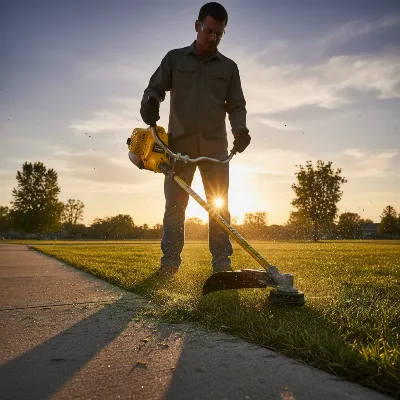 A professional using a 4-stroke gas string trimmer to edge a lawn with precision, showcasing its power and maneuverability