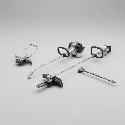 A collection of various attachments compatible with a multi-tool capable string trimmer, such as an edger, pole saw, and hedge trimmer.