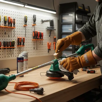 A homeowner cleaning the cutting head of a curved shaft string trimmer after use, with cleaning tools and safety gloves. Focus on attention to detail and care. Realistic, well-lit.