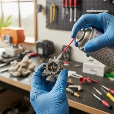 A person cleaning a string trimmer carburetor with spray cleaner and a small brush, emphasizing precision.