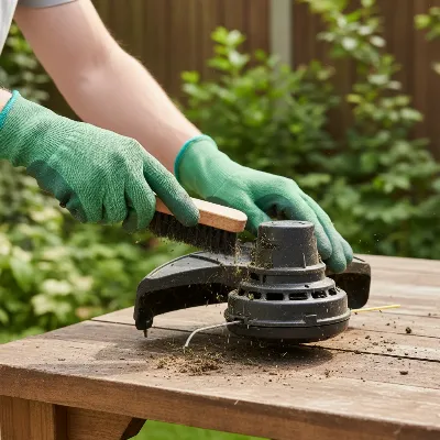 A person cleaning a string trimmer head with a brush, removing grass and debris after use, set against a garden background. 