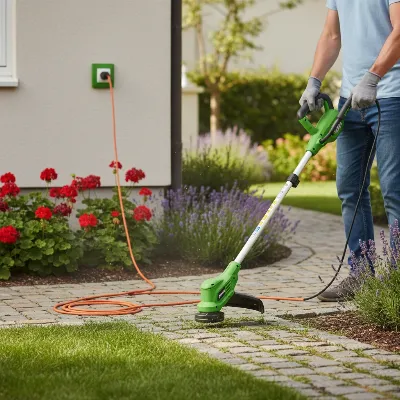 A person using a lightweight corded electric string trimmer to tidy edges in a small, well-maintained backyard garden, with a coiled extension cord visible. The sun is shining, casting soft shadows, realistic photo style.