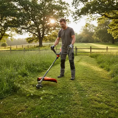 A powerful cordless string trimmer efficiently clearing tall grass in a large, sunny backyard. The focus is on the trimmer and the cleared path, demonstrating its capability for extensive areas.