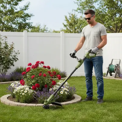 A person comfortably trimming grass edges with a lightweight, curved shaft string trimmer in a small, well-maintained backyard. Focus on the ergonomic posture and precision. Realistic, vibrant lighting.