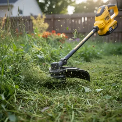 DeWalt 20V Max Brushless String Trimmer efficiently cutting overgrown grass in a garden