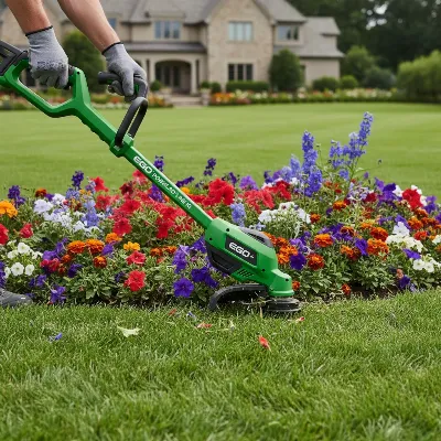 An EGO Power+ Powerload String Trimmer being used to trim edges around a flower bed in a large, well-maintained yard. The image highlights the trimmer's design and ease of use in a detailed setting.