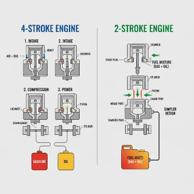 An illustrative comparison of a 4-stroke engine and a 2-stroke engine, highlighting their internal components and fuel systems.