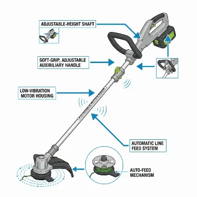An illustrative diagram highlighting ergonomic features of a lightweight string trimmer, such as an adjustable shaft, comfortable auxiliary handle, and an automatic line feed system suitable for seniors