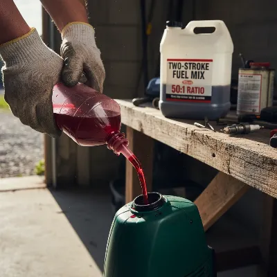 Freshly mixed fuel for a two-stroke string trimmer being poured into the tank, with emphasis on correct ratios.