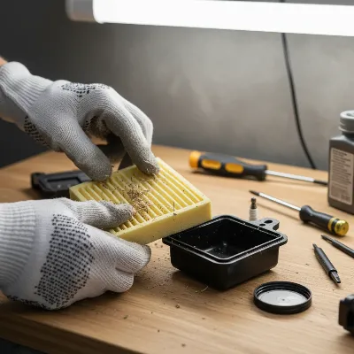 A person carefully cleaning the air filter of a gas string trimmer with a soft brush.