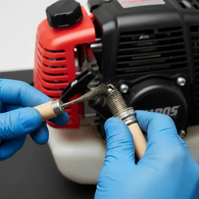 A person cleaning the spark plug of a gas string trimmer engine as part of winterization maintenance. Close-up, detailed shot.