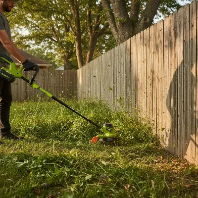 Greenworks Pro 80V cordless string trimmer in action, cutting grass along a fence line under bright sunlight