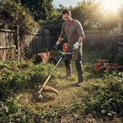 A person using a heavy-duty gas string trimmer to clear tall weeds and brush in an overgrown garden.
