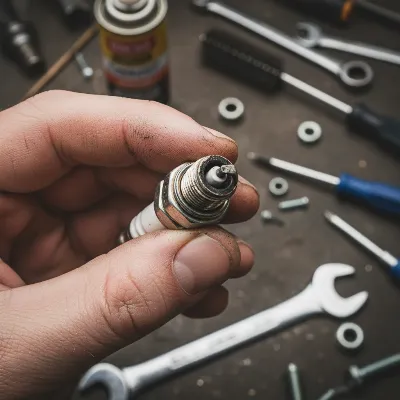 A close-up of a hand inspecting a string trimmer spark plug for signs of fouling or wear.