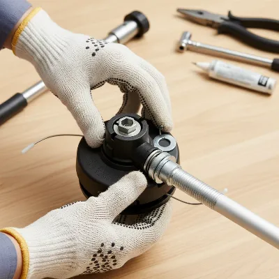 Person installing new string trimmer head, showing alignment