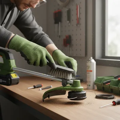 A person meticulously cleaning the cutting head of a battery-powered string trimmer after use, with gardening gloves and safety glasses.