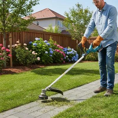 A person precisely trimming garden edges with the Makita 18V LXT Brushless String Trimmer in a sunny backyard.
