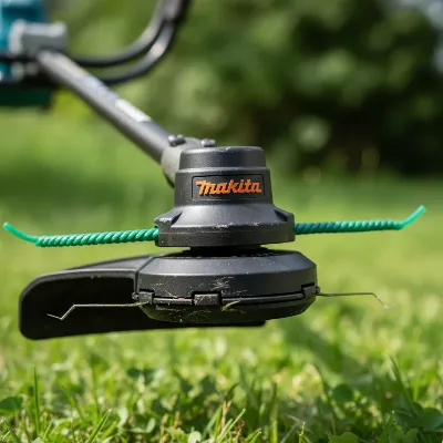 Close-up of the Makita 18V LXT Brushless String Trimmer's bump-feed head and twisted line.