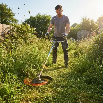 Man safely trimming overgrown grass and weeds with a string trimmer featuring a thicker line, wearing safety glasses and gloves