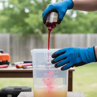 Person carefully pouring 2-stroke oil into a fuel container with gasoline, wearing gloves and safety glasses, in a well-ventilated outdoor setting.