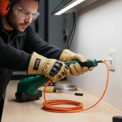 Person preparing string trimmer for maintenance with safety gear