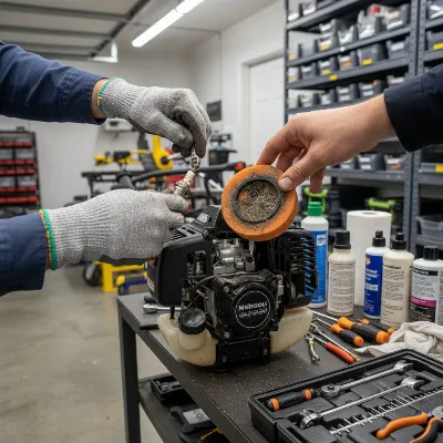 A person performing routine maintenance on a string trimmer, checking the spark plug and cleaning the air filter, with a focus on preventative care in a workshop setting. 