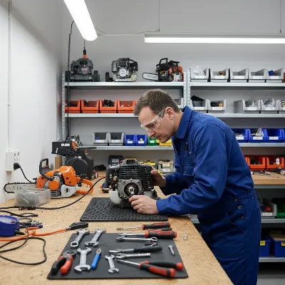A technician expertly diagnosing a gas string trimmer on a workbench.