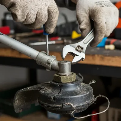 Close-up of a person removing an old string trimmer head with a screwdriver