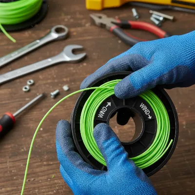A close-up of hands carefully winding new trimmer line onto a spool, following directional arrows on the spool, with green trimmer line.
