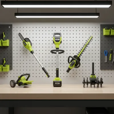 Various Ryobi 40V Expand-It attachments displayed around the main power head, showcasing the versatility and modularity of the system for different gardening tasks.