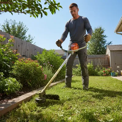 A Stihl FS 56 RC-E gas string trimmer in action, cutting grass around a garden bed