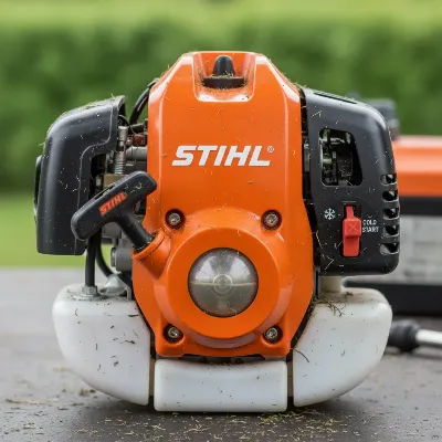Close-up of the Stihl FS 56 RC-E's engine with Easy2Start mechanism highlighted