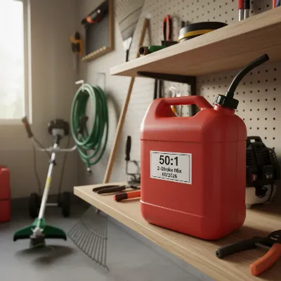 A neatly labeled red fuel can filled with mixed 2-stroke fuel, stored in a cool, dry shed or garage with other gardening tools in the background.