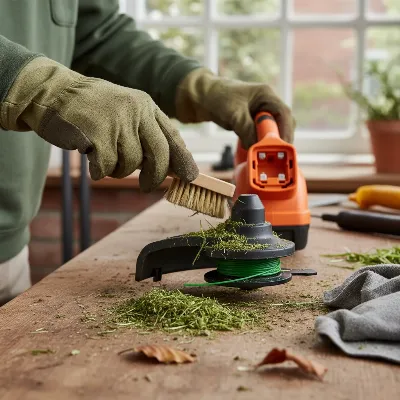 A close-up image of a senior's hands meticulously cleaning the cutting head of a battery-powered string trimmer after use, demonstrating proper maintenance