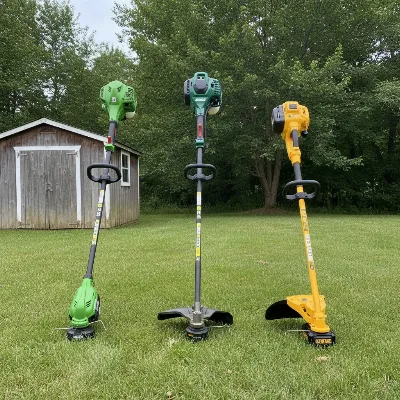 A visual comparison of the three featured string trimmers (Echo SRM-225, Echo SRM-2620T, DeWalt 60V MAX) side-by-side in a well-organized backyard. Each trimmer is clearly visible, showcasing their distinct features and power sources.