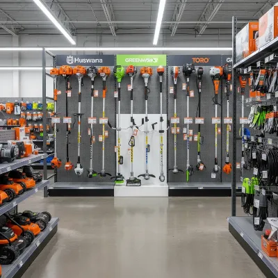 Various string trimmers displayed in an outdoor power equipment store, showing gas, electric, and battery models.