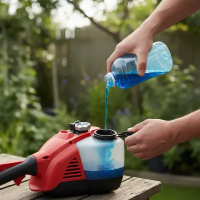 A close-up shot of a person adding fuel stabilizer to the gas tank of a string trimmer, with fresh gasoline visible in the tank. Realistic, outdoor lighting, eye-level perspective.