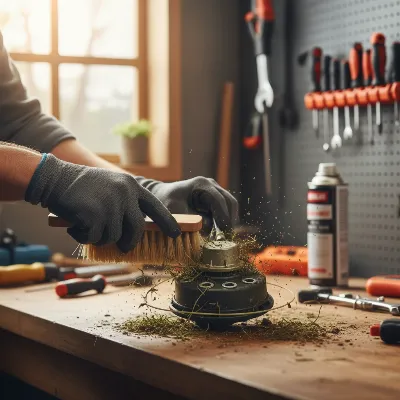 Person cleaning a string trimmer head with a brush, removing grass and debris, highlighting the importance of maintenance.