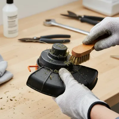 A person meticulously cleans and inspects the cutting head of a string trimmer after use, ensuring longevity and optimal performance.