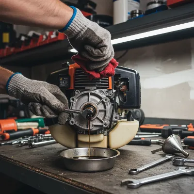 A close-up view of a person performing an oil change on a 4-stroke string trimmer engine, with tools and oil containers visible.