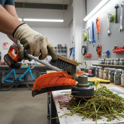 Person cleaning string trimmer head after use, showing maintenance