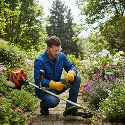 Man wearing safety gear, inspecting a string trimmer before use in a garden