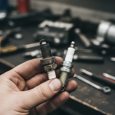 A hand holding a worn spark plug from a string trimmer next to a new, clean spark plug for comparison