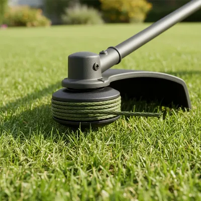Close-up of a string trimmer head with visibly thicker line installed, ready for use, in a well-maintained garden with lush green grass