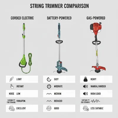 An illustrative infographic comparing three types of string trimmers: corded electric, battery-powered, and gas-powered, highlighting their weight, power source, and ergonomic suitability for seniors